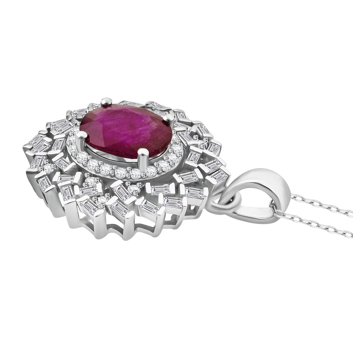 D'Joy Niassa Ruby (FF) and Moissanite 3.15 ctw Royal Radiance Pendant Necklace in Rhodium Over Sterling Silver 20 Inches image number 3
