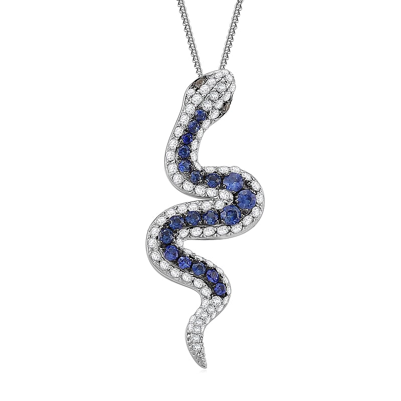 D'Joy Ceylon Blue Sapphire, Multi Gemstone Serpent Pendant Necklace in Rhodium Over Sterling Silver 2.00 ctw (18 Inches)