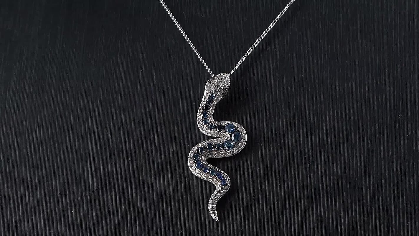D'Joy Ceylon Blue Sapphire, Multi Gemstone Serpent Pendant Necklace (18 Inches) in Rhodium Over Sterling Silver 2.00 ctw