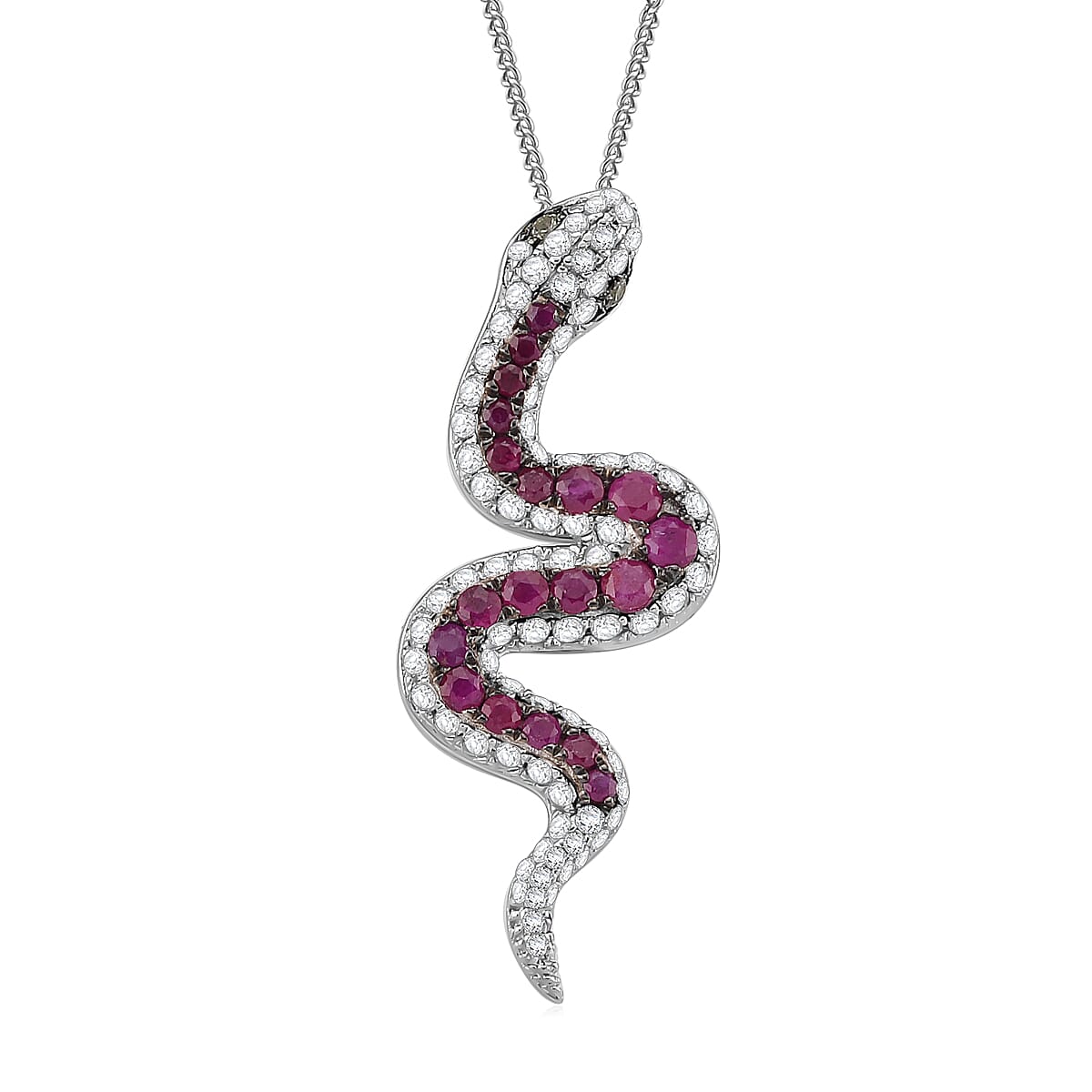  D'Joy Montepuez Ruby, Multi Gemstone Serpent Pendant Necklace in Rhodium Over Sterling Silver 2.00 ctw (18 Inches)
