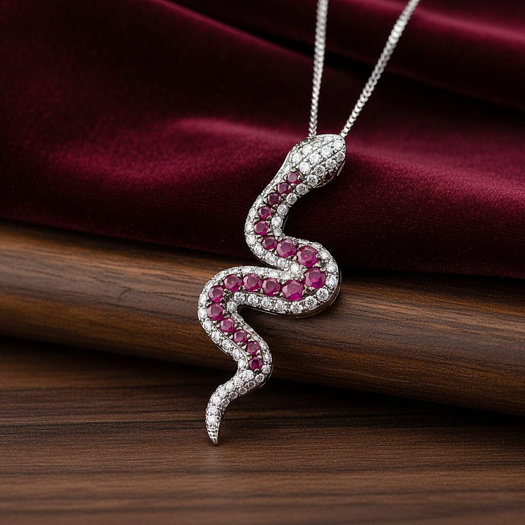  D'Joy Montepuez Ruby, Multi Gemstone Serpent Pendant Necklace in Rhodium Over Sterling Silver 2.00 ctw (18 Inches)