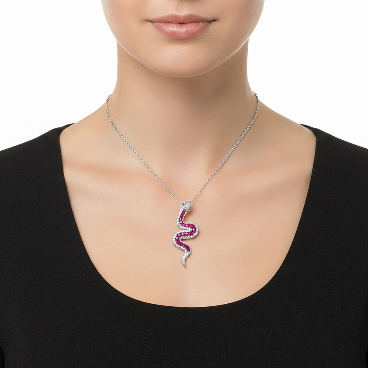  D'Joy Montepuez Ruby, Multi Gemstone Serpent Pendant Necklace in Rhodium Over Sterling Silver 2.00 ctw (18 Inches) image number 2