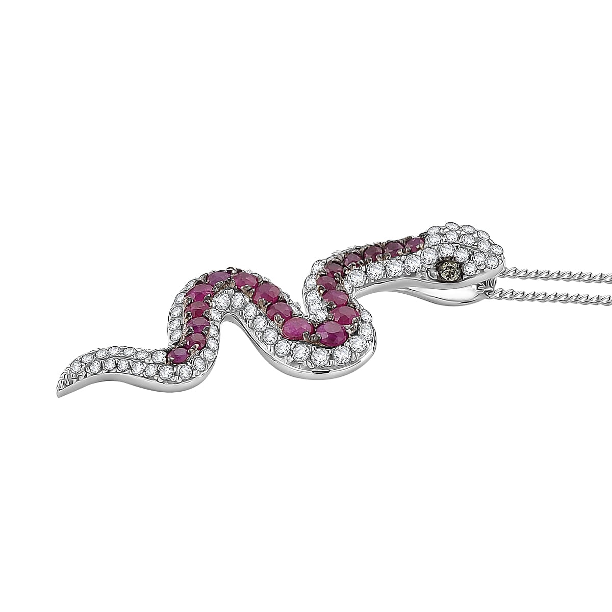  D'Joy Montepuez Ruby, Multi Gemstone Serpent Pendant Necklace in Rhodium Over Sterling Silver 2.00 ctw (18 Inches) image number 3