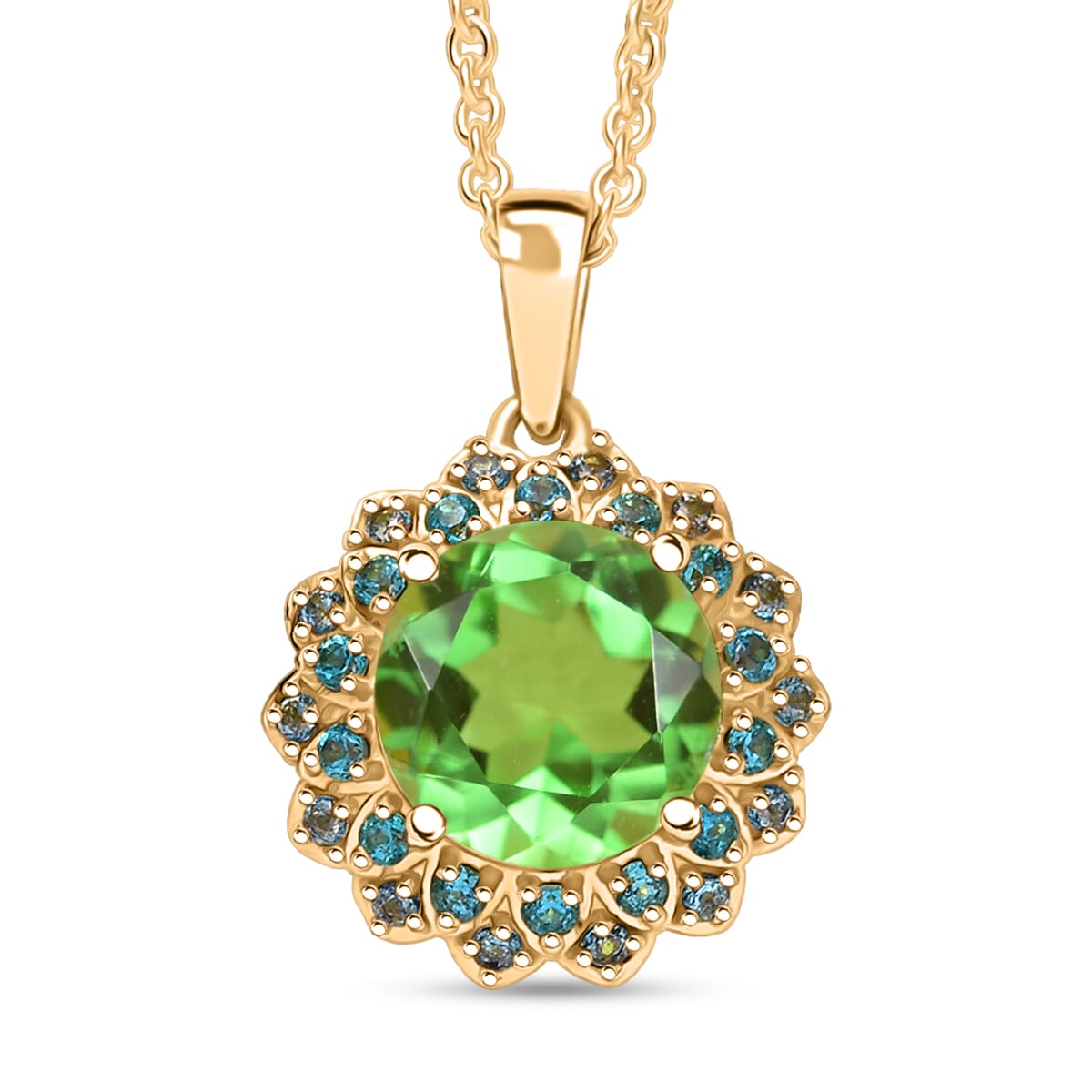 Ever True Chartreuse Quartz (Triplet), Signity Ice Blue and Paraiba Topaz 4.70 ctw Sunspire Bloom Pendant in 18K YG Plated with ION Plated Stainless Steel Necklace 20 Inches image number 0