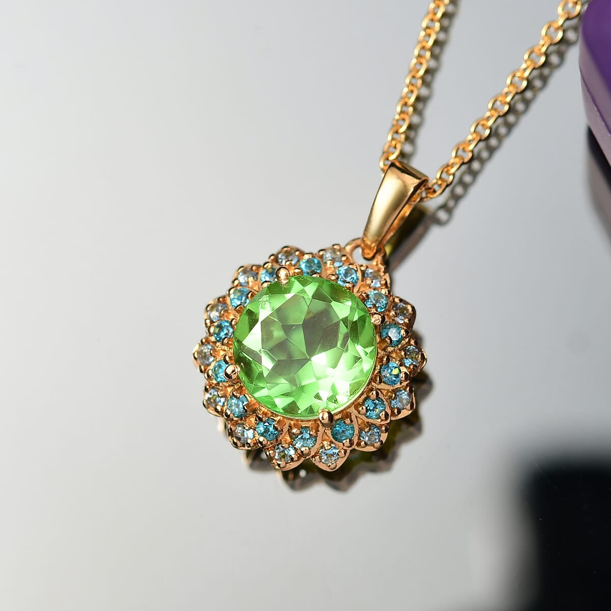Ever True Chartreuse Quartz (Triplet), Signity Ice Blue and Paraiba Topaz 4.70 ctw Sunspire Bloom Pendant in 18K YG Plated with ION Plated Stainless Steel Necklace 20 Inches image number 1