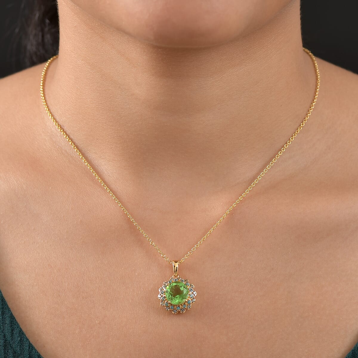 Ever True Chartreuse Quartz (Triplet), Signity Ice Blue and Paraiba Topaz 4.70 ctw Sunspire Bloom Pendant in 18K YG Plated with ION Plated Stainless Steel Necklace 20 Inches image number 2