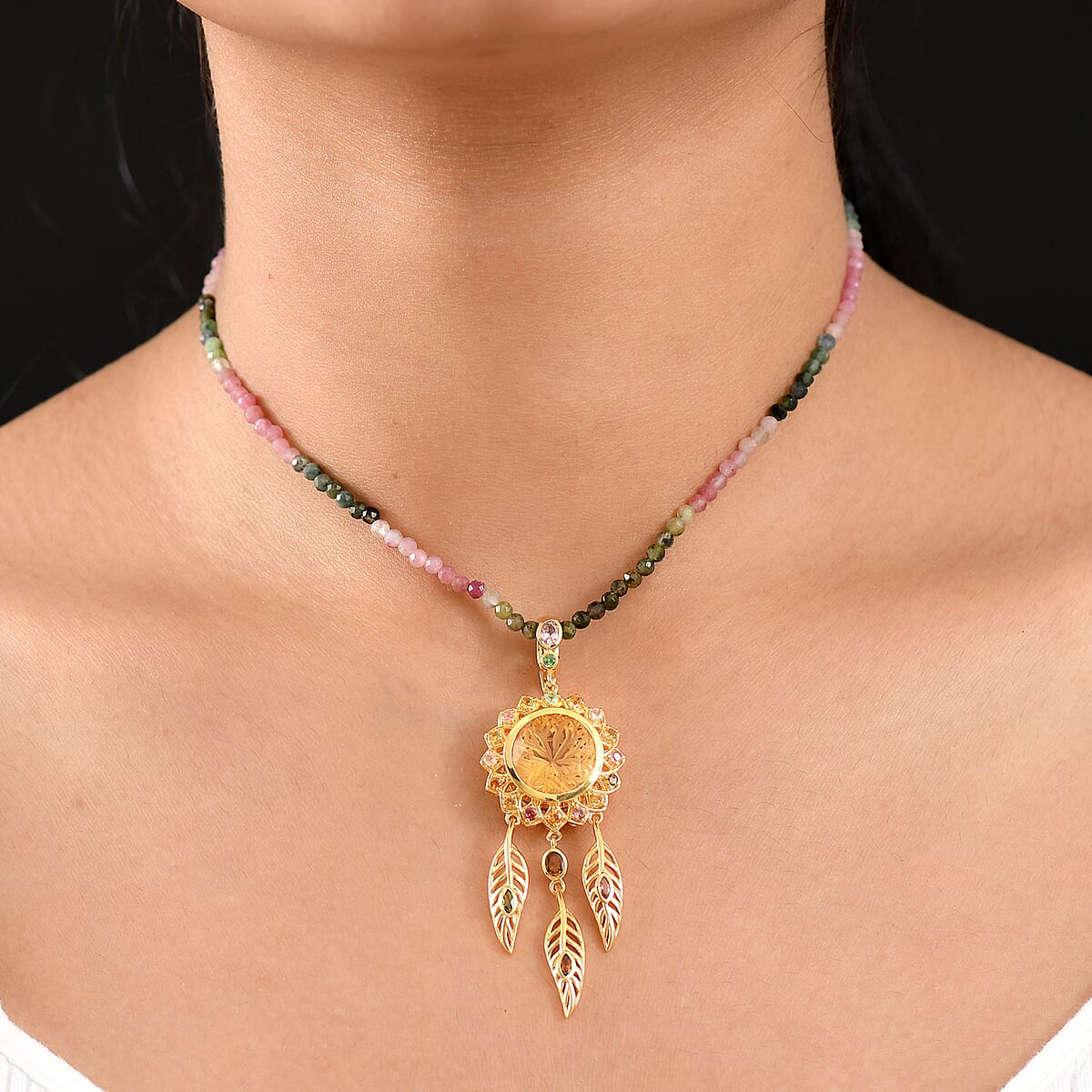 D'Joy AAA Red Citrine and Multi-Tourmaline 43.20 ctw Pendant Necklace in 18K Vermeil Yellow Gold Over Sterling Silver 18 Inches  image number 2