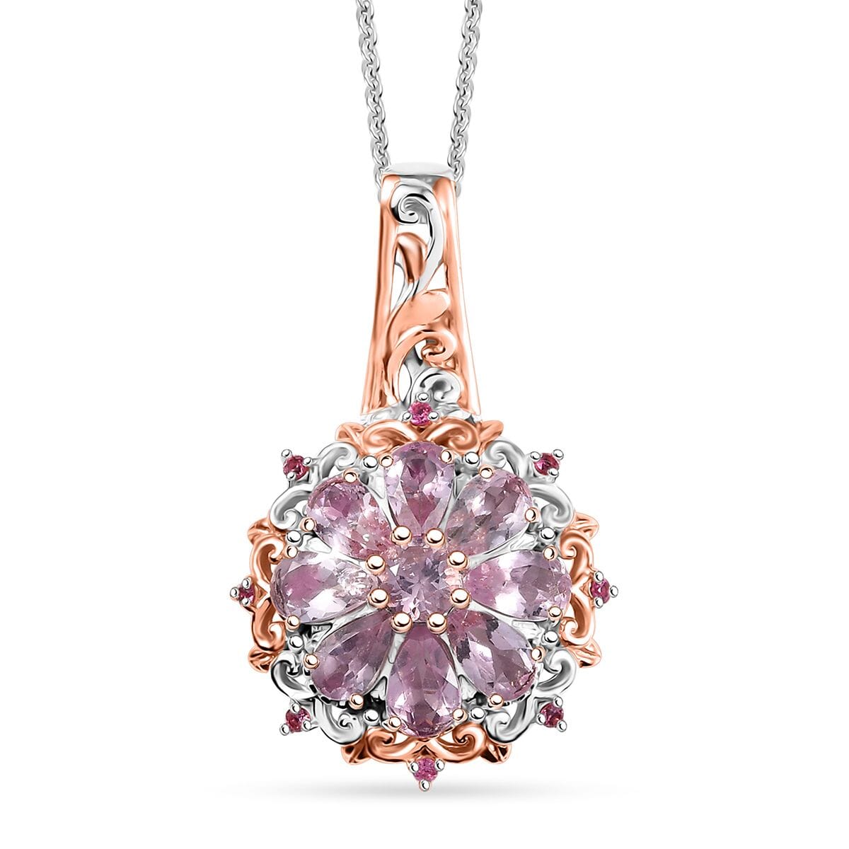 D'Joy Narsipatnam Pink Spinel 1.90 ctw Floral Empress Pendant Necklace in 18K Vermeil RG and Rhodium Over Sterling Silver 20 Inches image number 0