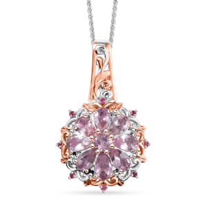 D'Joy Narsipatnam Pink Spinel 1.90 ctw Floral Empress Pendant Necklace in 18K Vermeil RG and Rhodium Over Sterling Silver 20 Inches