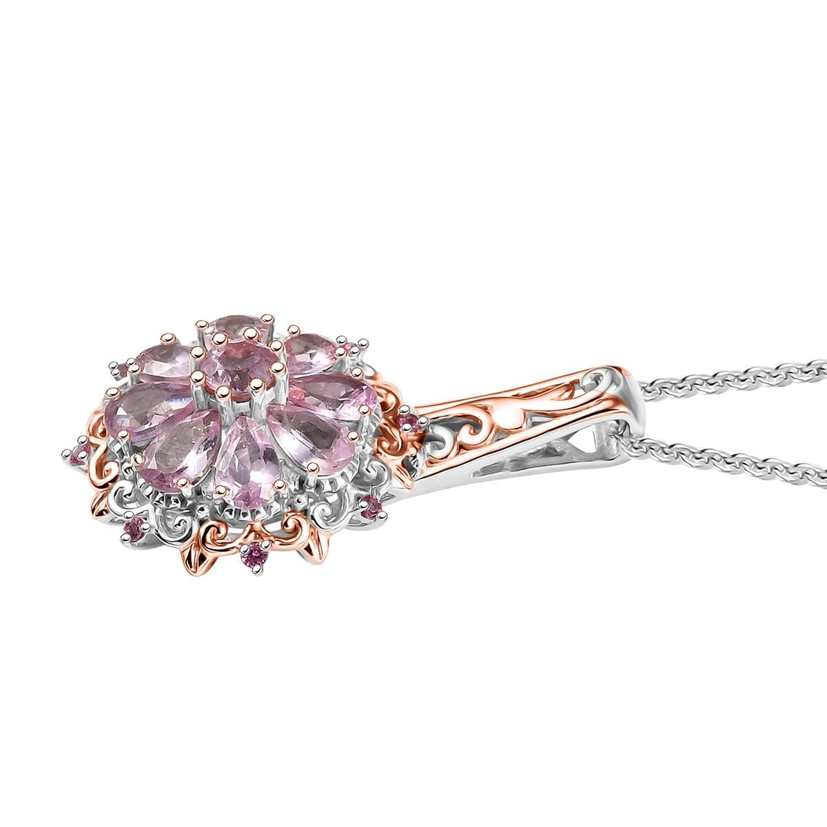 D'Joy Narsipatnam Pink Spinel 1.90 ctw Floral Empress Pendant Necklace in 18K Vermeil RG and Rhodium Over Sterling Silver 20 Inches image number 3