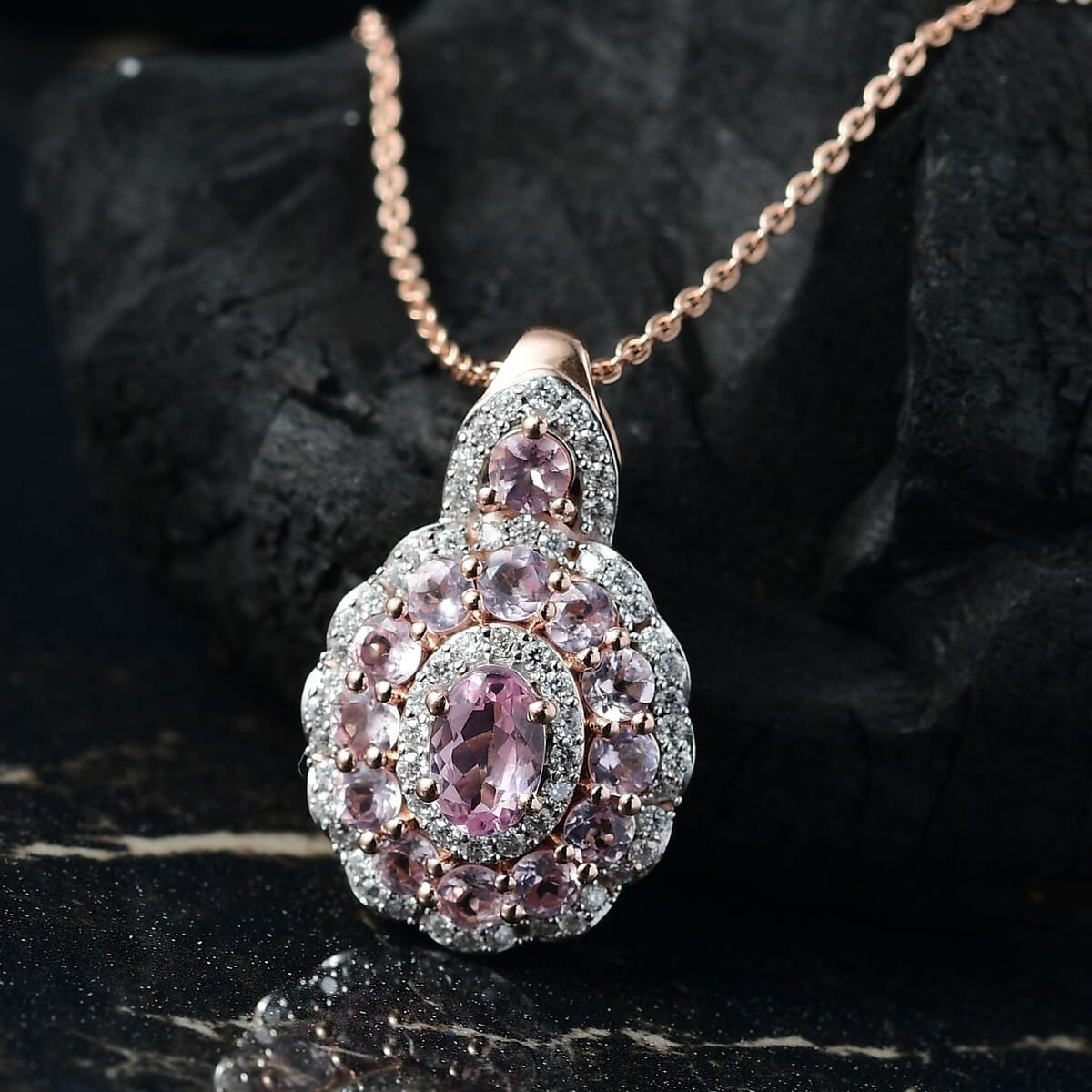 D'Joy Narsipatnam Pink Spinel and Moissanite 2.00 ctw Royal Bloom Pendant Necklace in 18K Vermeil Rose Gold Over Sterling Silver 20 Inches image number 1
