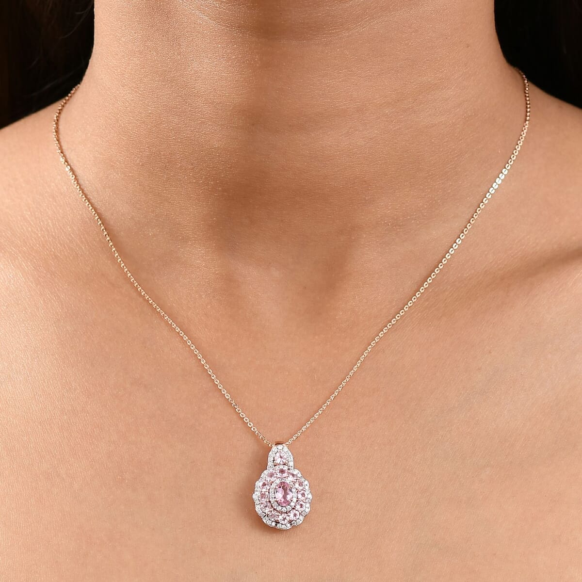D'Joy Narsipatnam Pink Spinel and Moissanite 2.00 ctw Royal Bloom Pendant Necklace in 18K Vermeil Rose Gold Over Sterling Silver 20 Inches image number 2
