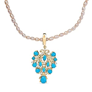 D'Joy Sleeping Beauty Turquoise and Pearl 5.22 ctw Pendant Necklace in 18K Vermeil YG Over Sterling Silver 20 Inches