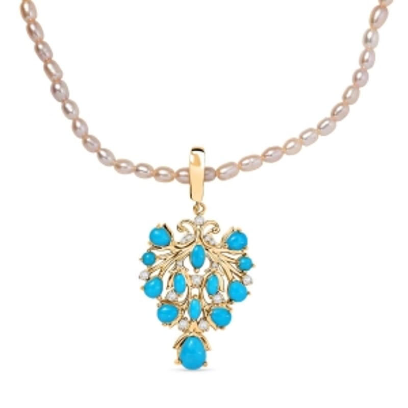 D'Joy Sleeping Beauty Turquoise and Pearl 5.22 ctw Pendant Necklace in 18K Vermeil YG Over Sterling Silver 20 Inches