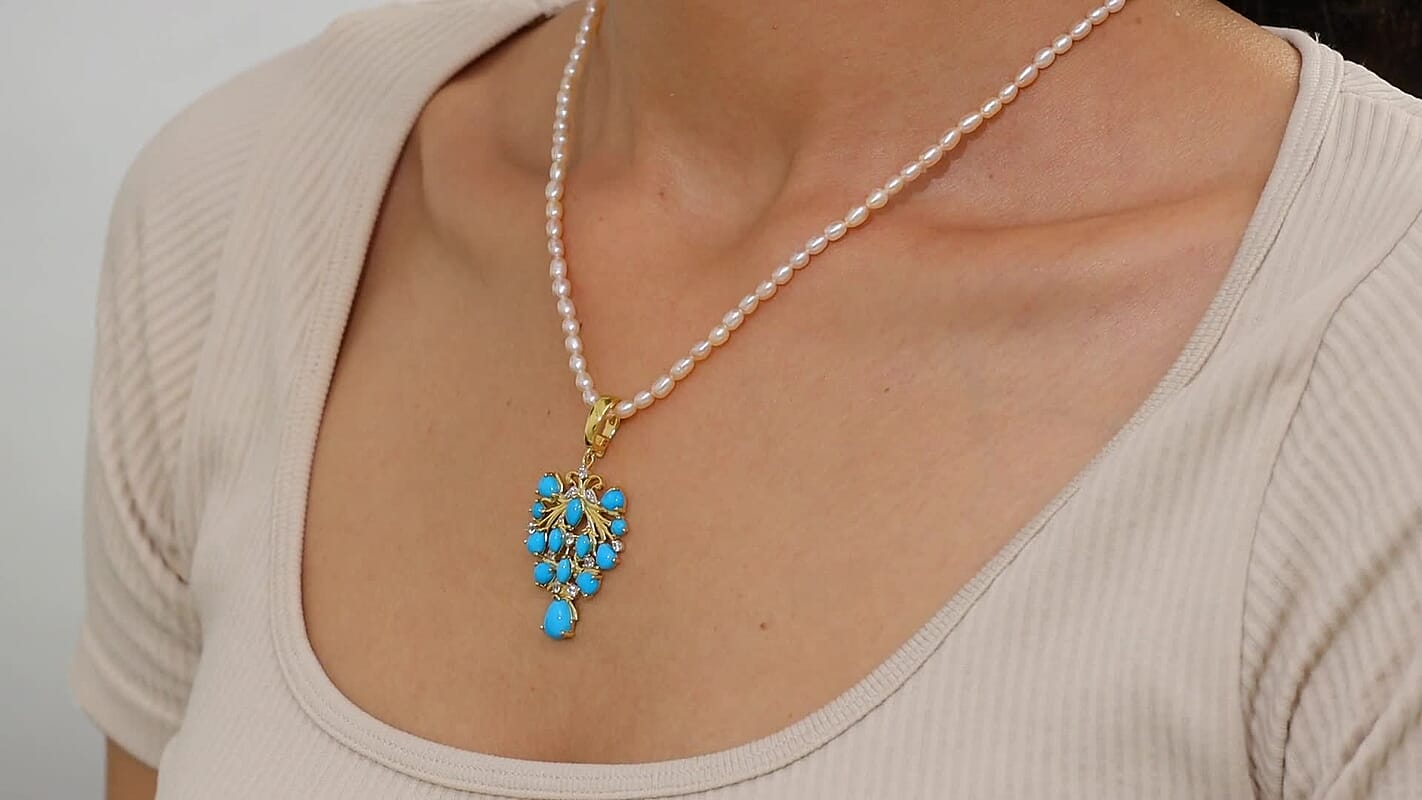 D'Joy Sleeping Beauty Turquoise and Pearl 5.22 ctw Pendant Necklace in 18K Vermeil YG Over Sterling Silver 20 Inches