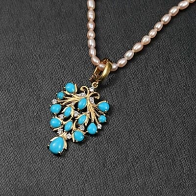 D'Joy Sleeping Beauty Turquoise and Pearl 5.22 ctw Pendant Necklace in 18K Vermeil YG Over Sterling Silver 20 Inches