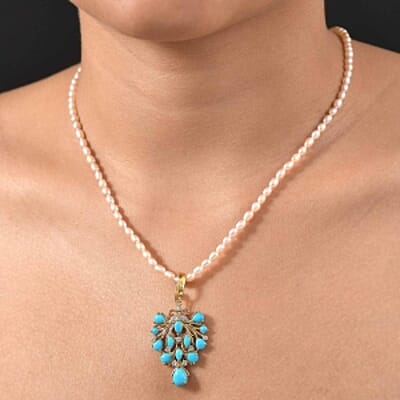 D'Joy Sleeping Beauty Turquoise and Pearl 5.22 ctw Pendant Necklace in 18K Vermeil YG Over Sterling Silver 20 Inches