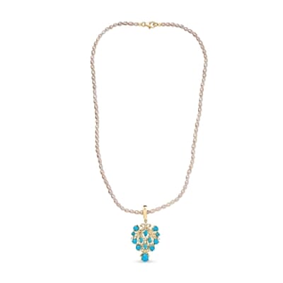 D'Joy Sleeping Beauty Turquoise and Pearl 5.22 ctw Pendant Necklace in 18K Vermeil YG Over Sterling Silver 20 Inches