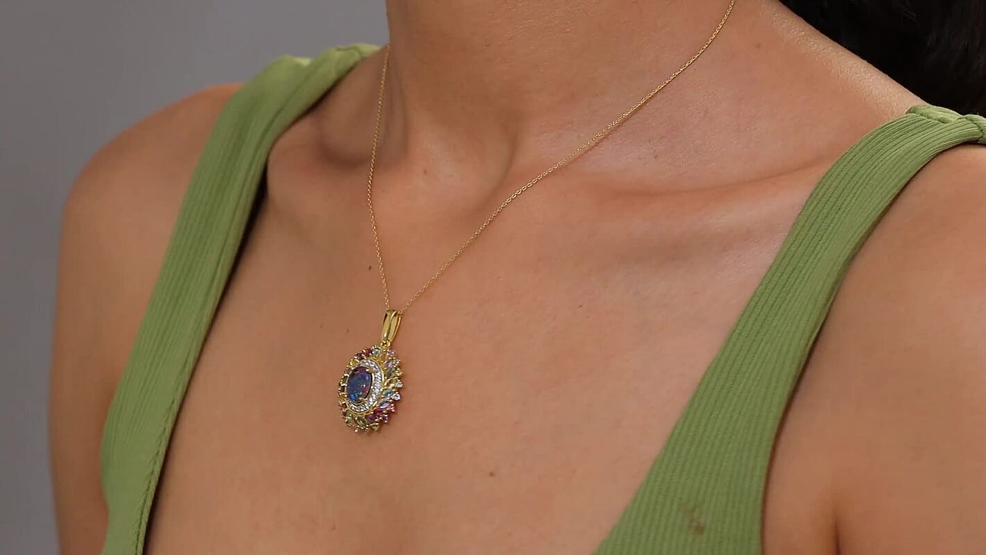 D'Joy Elysian Opal (Triplet) and Multi Gemstone 4.80 ctw Aurora Bloom Pendant Necklace in 18K Vermeil Yellow Gold Over Sterling Silver 20 Inches