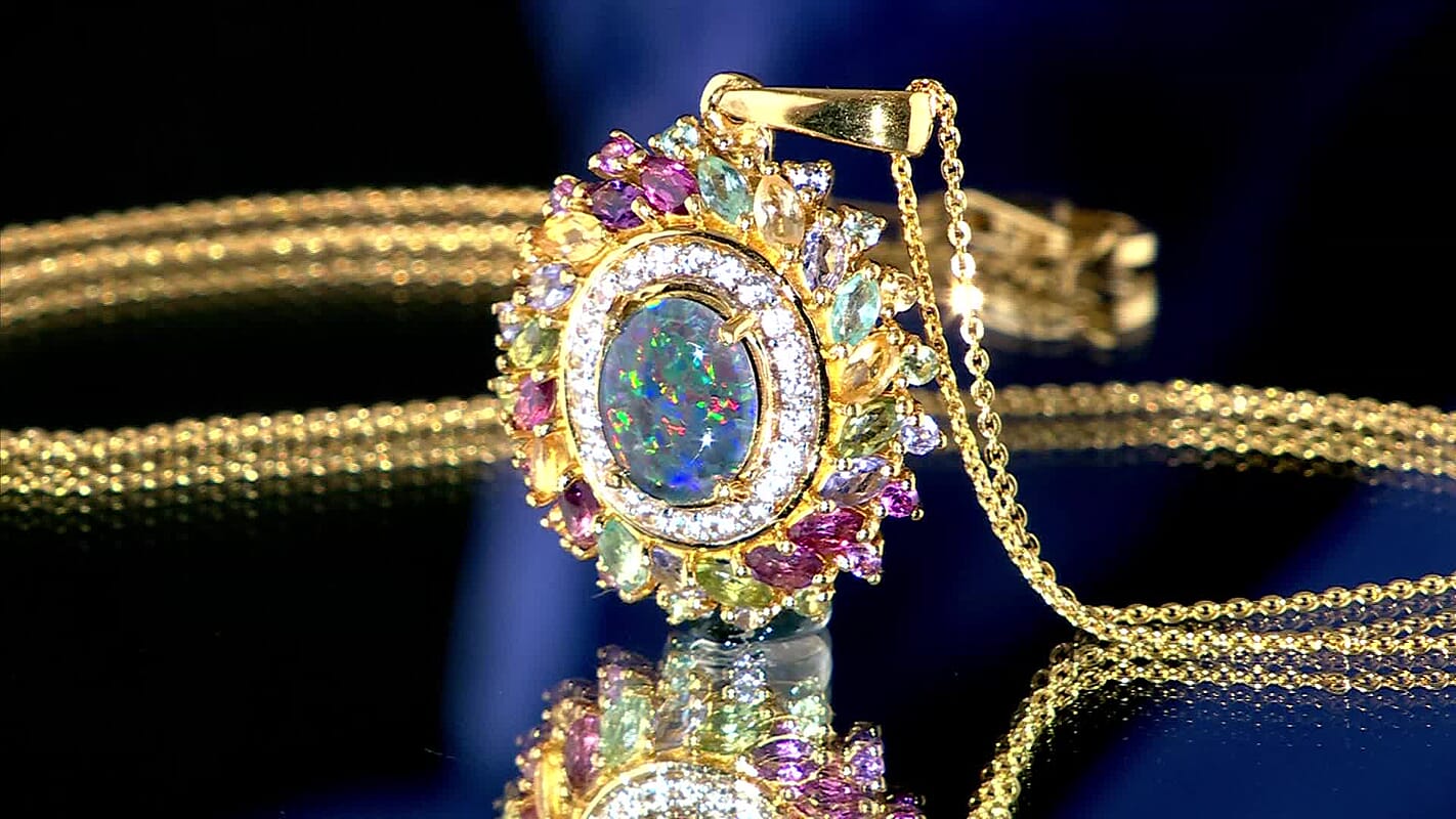 D'Joy Elysian Opal (Triplet) and Multi Gemstone 4.80 ctw Aurora Bloom Pendant Necklace in 18K Vermeil Yellow Gold Over Sterling Silver 20 Inches