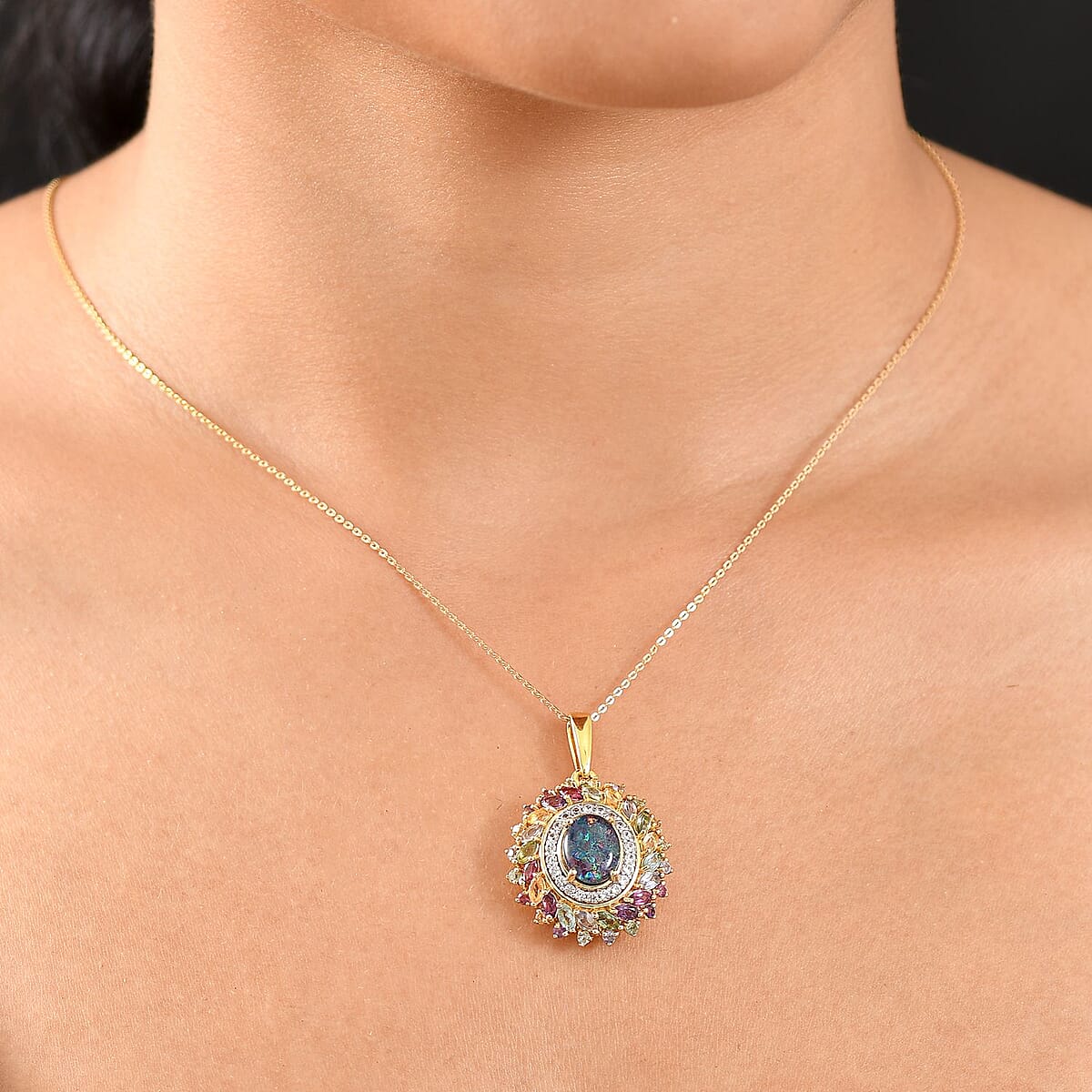 D'Joy Elysian Opal (Triplet) and Multi Gemstone 4.80 ctw Aurora Bloom Pendant Necklace in 18K Vermeil Yellow Gold Over Sterling Silver 20 Inches image number 2