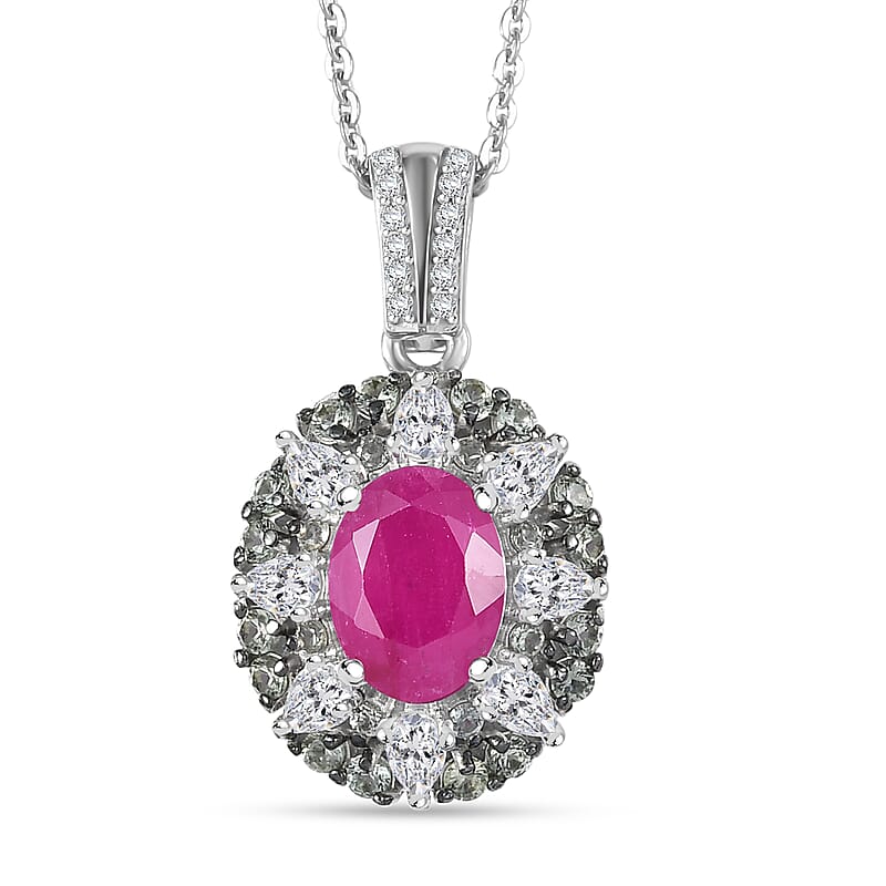 D'Joy Premium Taveta Ruby and Multi Gemstone 2.85 ctw Imperial Garden Pendant Necklace in Rhodium Over Sterling Silver 20 Inches