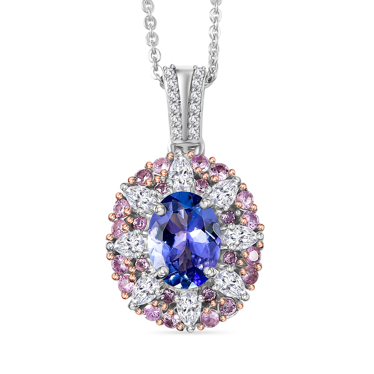 D'Joy Tanzanite and Multi Gemstone 2.20 ctw Imperial Garden Pendant Necklace in Rhodium Over Sterling Silver 20 Inches