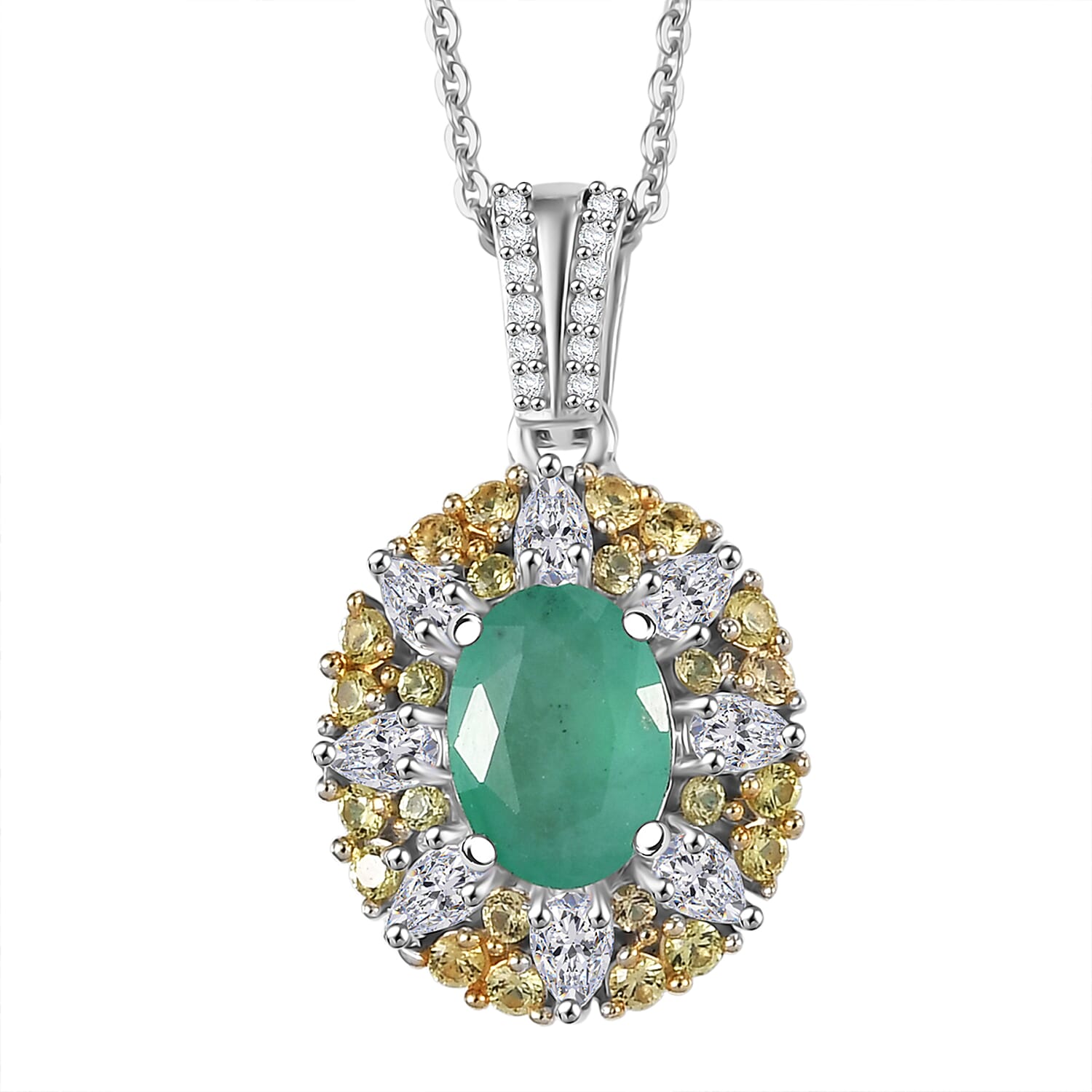 D'Joy Kagem Zambian Emerald and Multi Gemstone 2.00 ctw Imperial Garden Pendant Necklace in Rhodium Over Sterling Silver 20 Inch