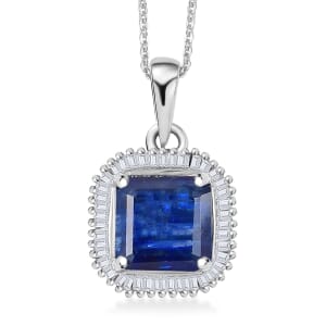 D'Joy Asscher Cut Premium Nilamani, Diamond 3.00 ctw Art Deco Pendant Necklace 20 Inches in Rhodium Over Sterling Silver 