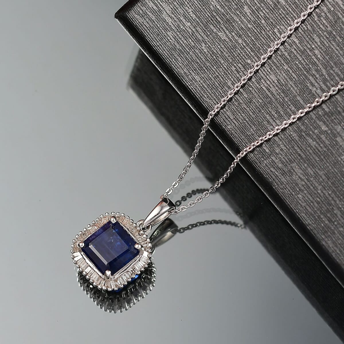 D'Joy Asscher Cut Premium Nilamani, Diamond 3.00 ctw Art Deco Pendant Necklace 20 Inches in Rhodium Over Sterling Silver  image number 1