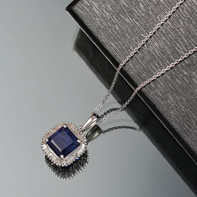 D'Joy Asscher Cut Premium Kashmir Kyanite and Diamond 3.00 ctw Art Deco Pendant Necklace 20 Inches in Rhodium Over Sterling Silver 