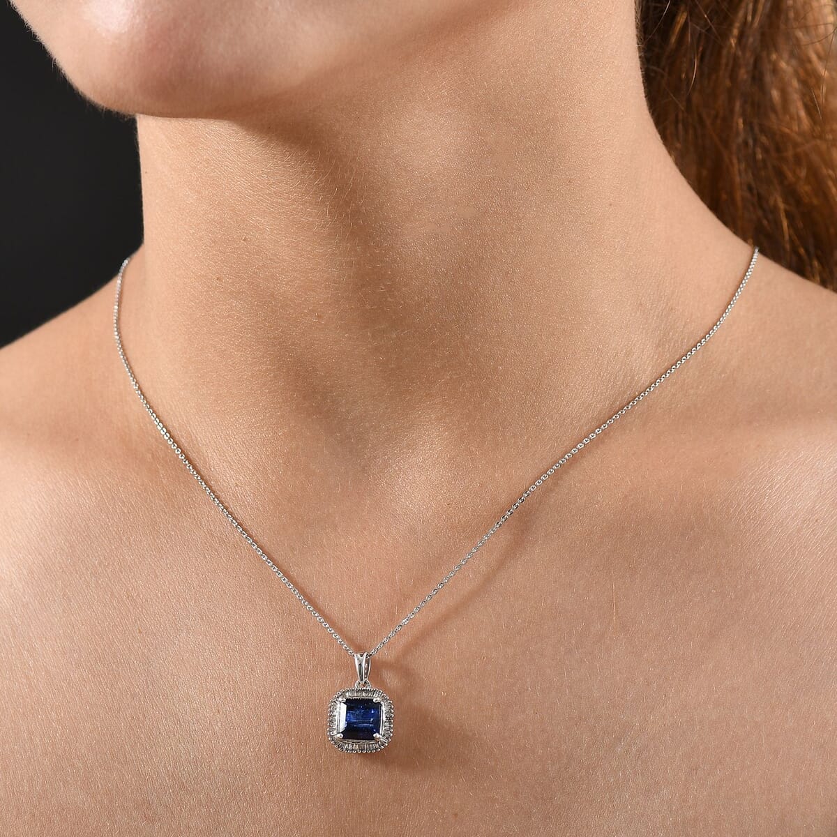 D'Joy Asscher Cut Premium Nilamani, Diamond 3.00 ctw Art Deco Pendant Necklace 20 Inches in Rhodium Over Sterling Silver  image number 2