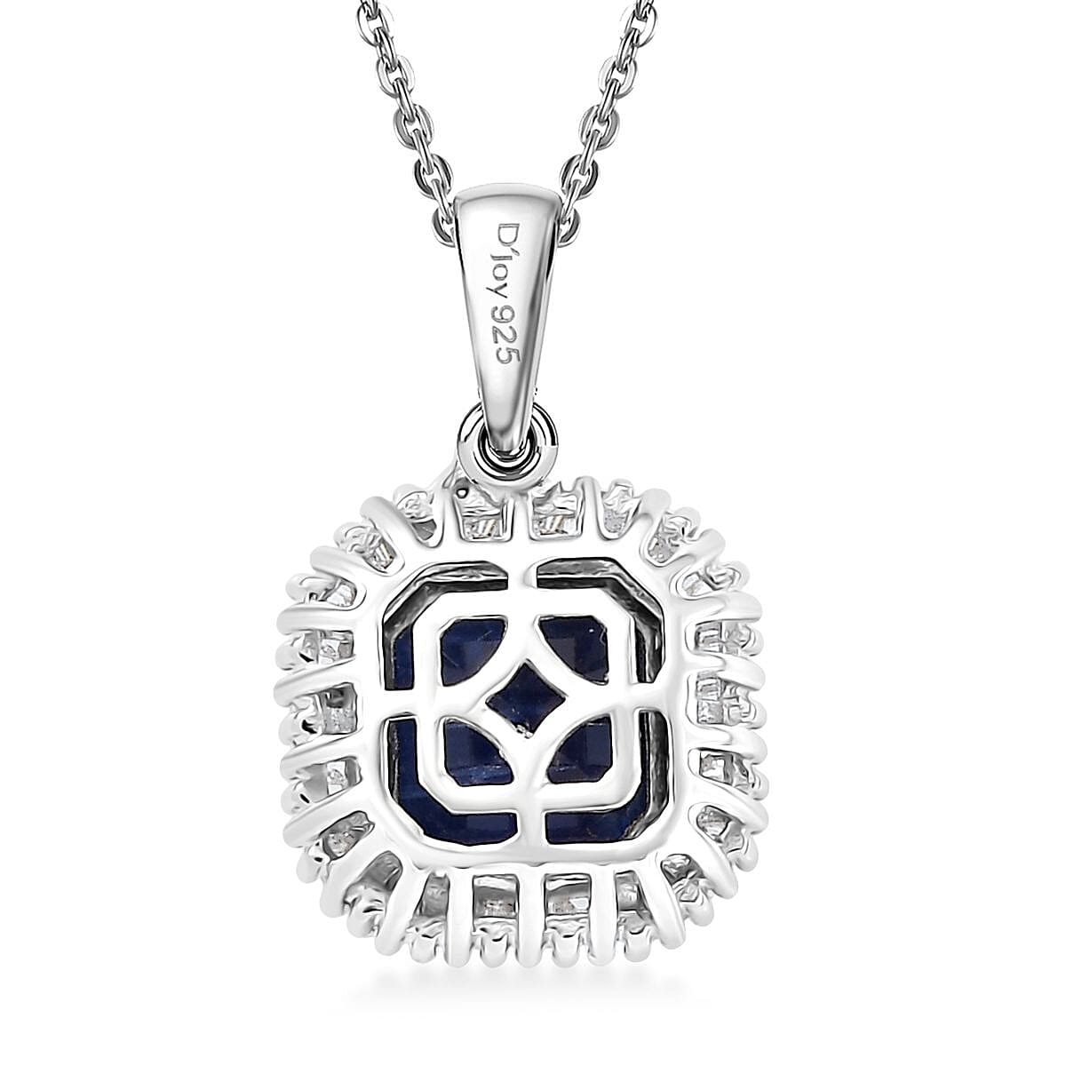 D'Joy Asscher Cut Premium Kashmir Kyanite and Diamond 3.00 ctw Art Deco Pendant Necklace 20 Inches in Rhodium Over Sterling Silver 