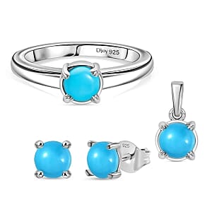 Sleeping Beauty Turquoise Ring (Size 9), 1.76 ctw Earrings and Pendant in Rhodium Over Sterling Silver