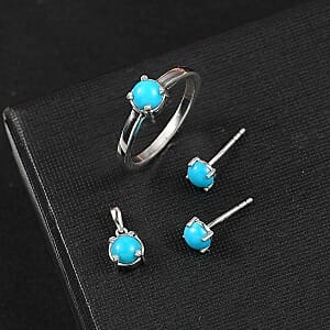 Sleeping Beauty Turquoise Ring (Size 9), 1.76 ctw Earrings and Pendant in Rhodium Over Sterling Silver