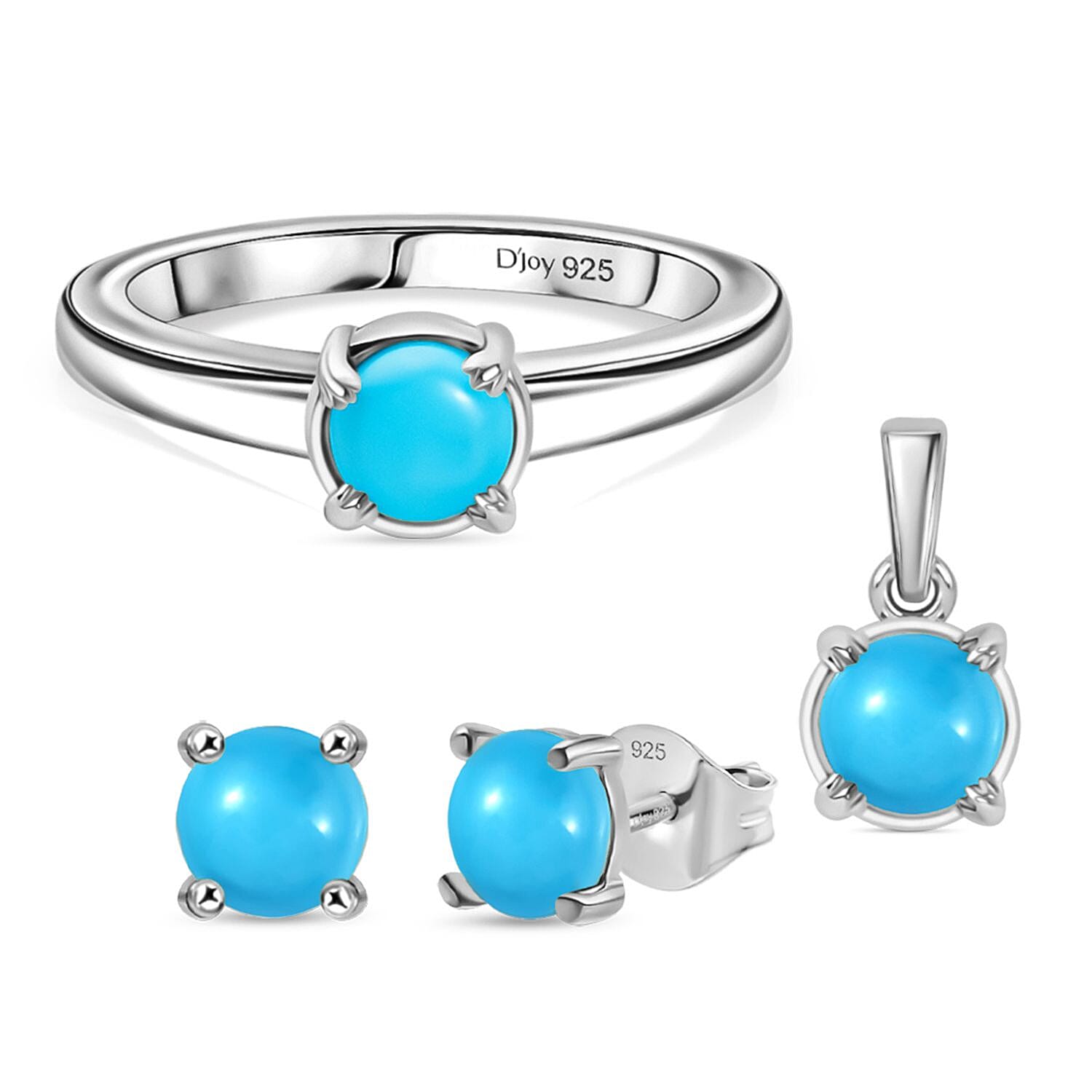 D'Joy Sleeping Beauty Turquoise 1.76 ctw Set Of Earrings, Pendant and Ring (Size 10.0) in Rhodium Over Sterling Silver