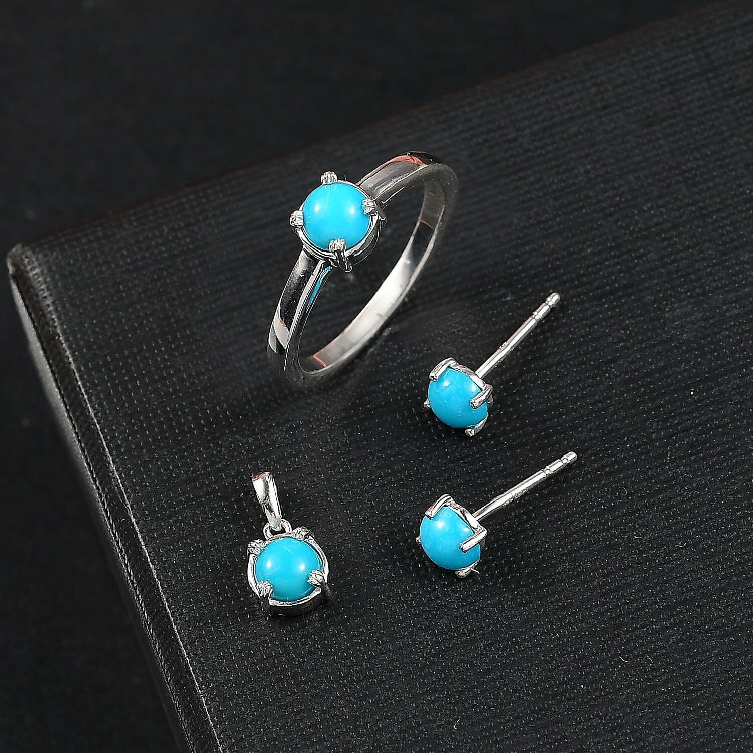 D'Joy Sleeping Beauty Turquoise 1.76 ctw Set Of Earrings, Pendant and Ring (Size 10.0) in Rhodium Over Sterling Silver