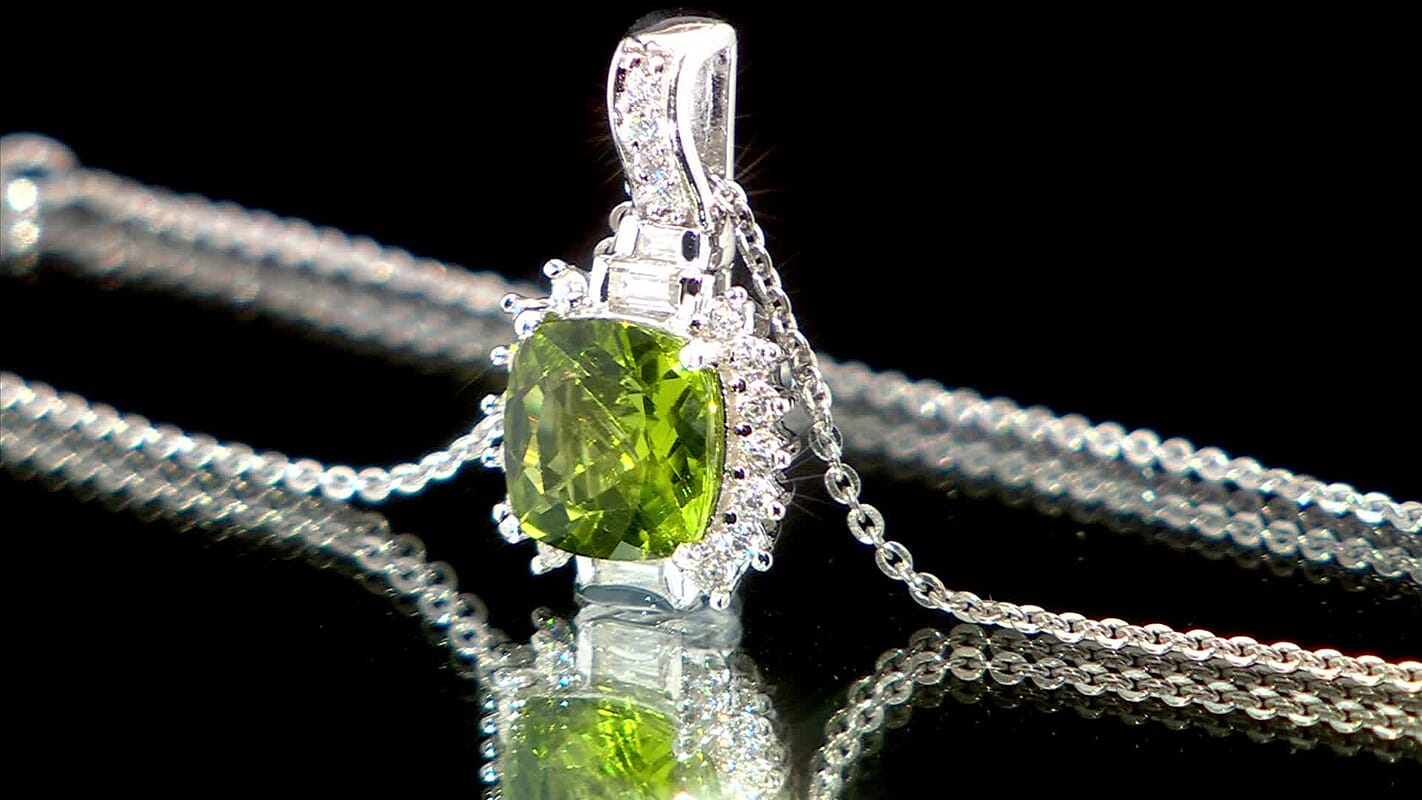 D'Joy Hebei Peridot and Moissanite 2.60 ctw Verdant Crown Pendant Necklace in Rhodium Over Sterling Silver 20 Inches