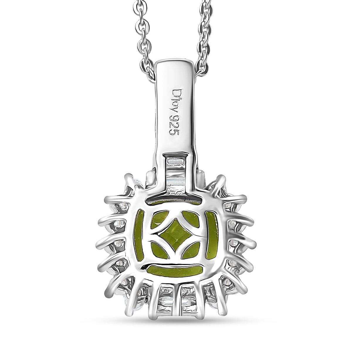 D'Joy Hebei Peridot and Moissanite 2.60 ctw Verdant Crown Pendant Necklace in Rhodium Over Sterling Silver 20 Inches