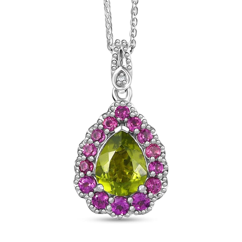 D'Joy Hebei Peridot and Multi Gemstone 2.40 ctw Blushing Dewdrop Pendant Necklace in Rhodium Over Sterling Silver 20 Inches