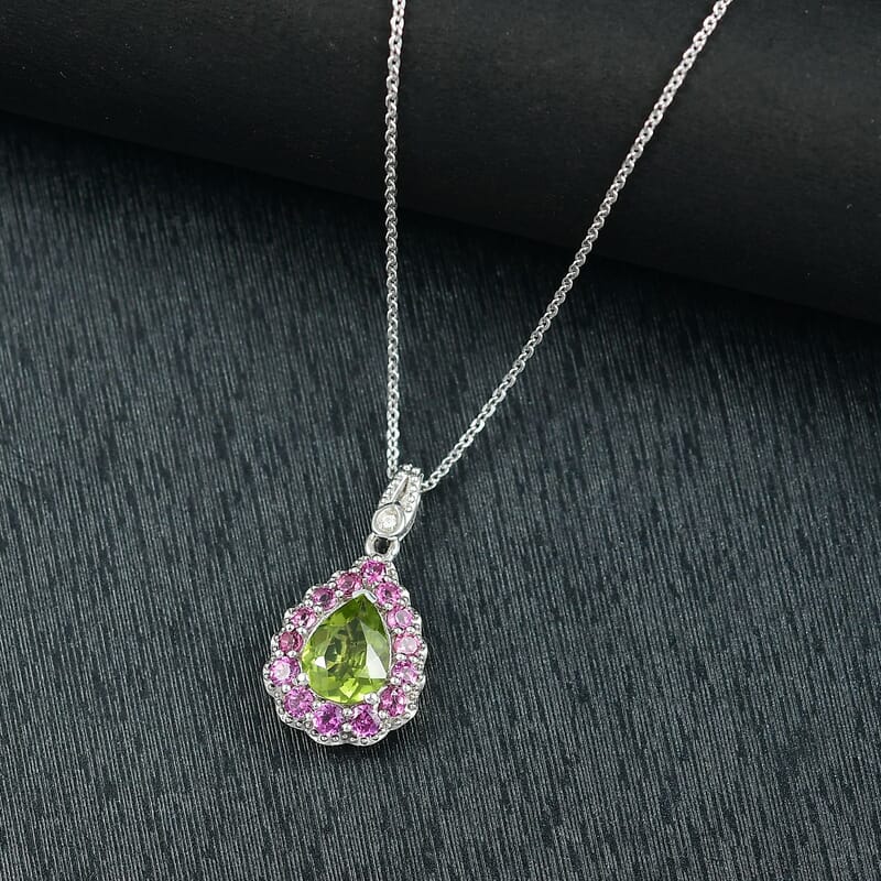D'Joy Hebei Peridot and Multi Gemstone 2.40 ctw Blushing Dewdrop Pendant Necklace in Rhodium Over Sterling Silver 20 Inches