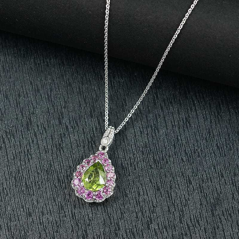 D'Joy Hebei Peridot and Multi Gemstone 2.40 ctw Blushing Dewdrop Pendant Necklace in Rhodium Over Sterling Silver 20 Inches
