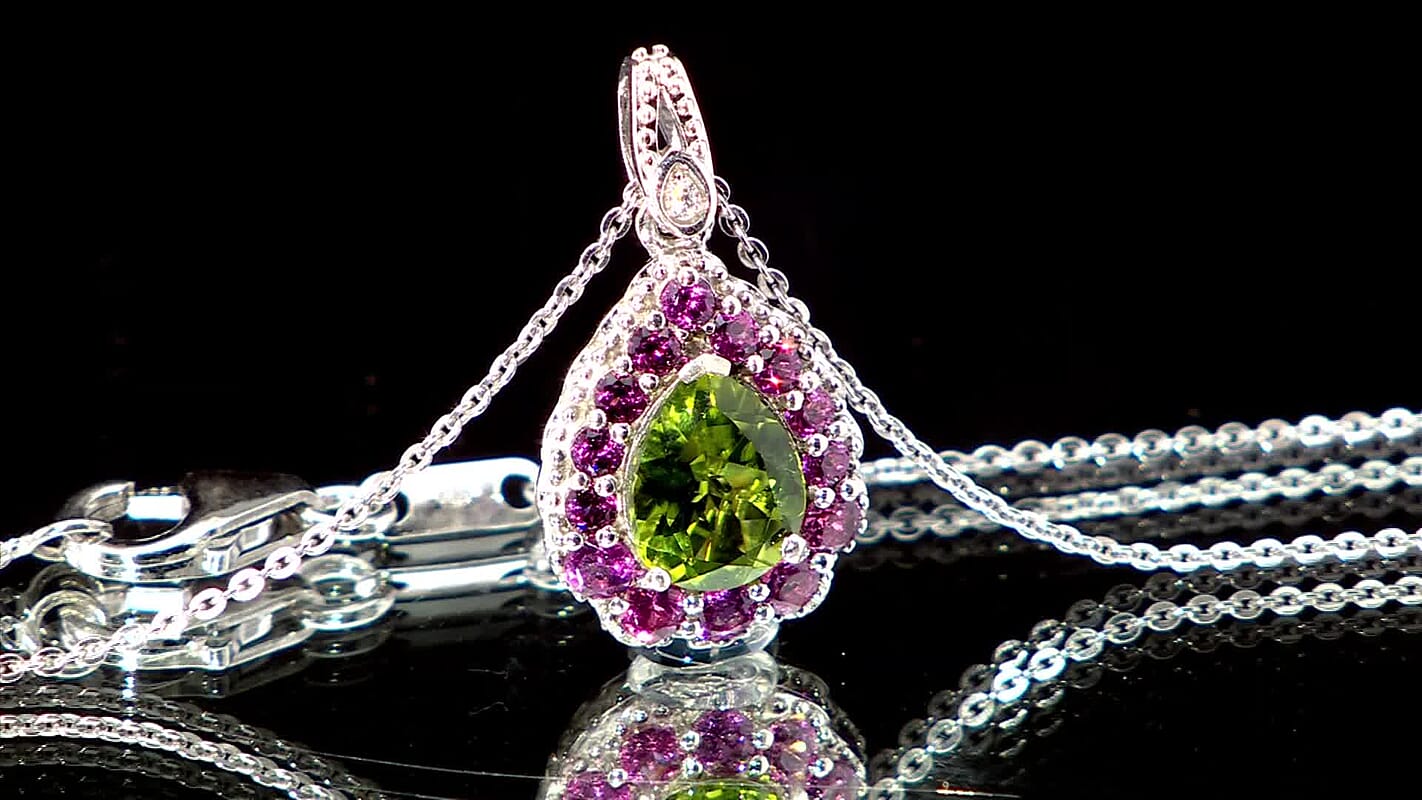 D'Joy Hebei Peridot and Multi Gemstone 2.40 ctw Blushing Dewdrop Pendant Necklace in Rhodium Over Sterling Silver 20 Inches