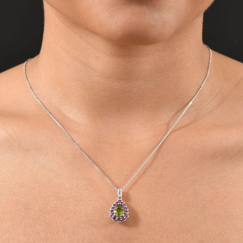D'Joy Hebei Peridot and Multi Gemstone 2.40 ctw Blushing Dewdrop Pendant Necklace in Rhodium Over Sterling Silver 20 Inches