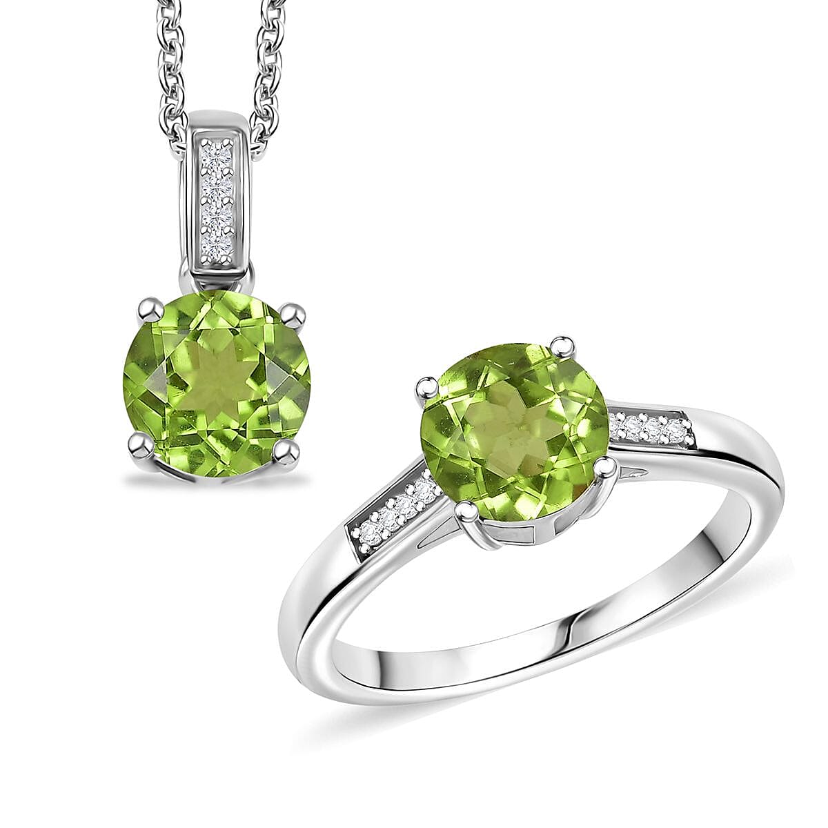 D'Joy Hebei Peridot and Moissanite 3.15 ctw Ring (Size 5.0) and Pendant in Rhodium Over Sterling Silver with Stainless Steel Necklace 20 Inches image number 0