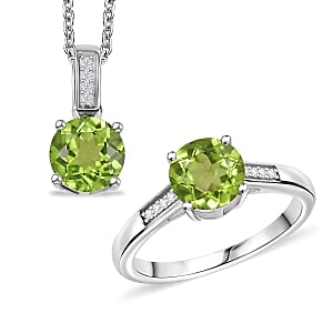 D'Joy Hebei Peridot and Moissanite 3.15 ctw Ring (Size 5.0) and Pendant in Rhodium Over Sterling Silver with Stainless Steel Necklace 20 Inches