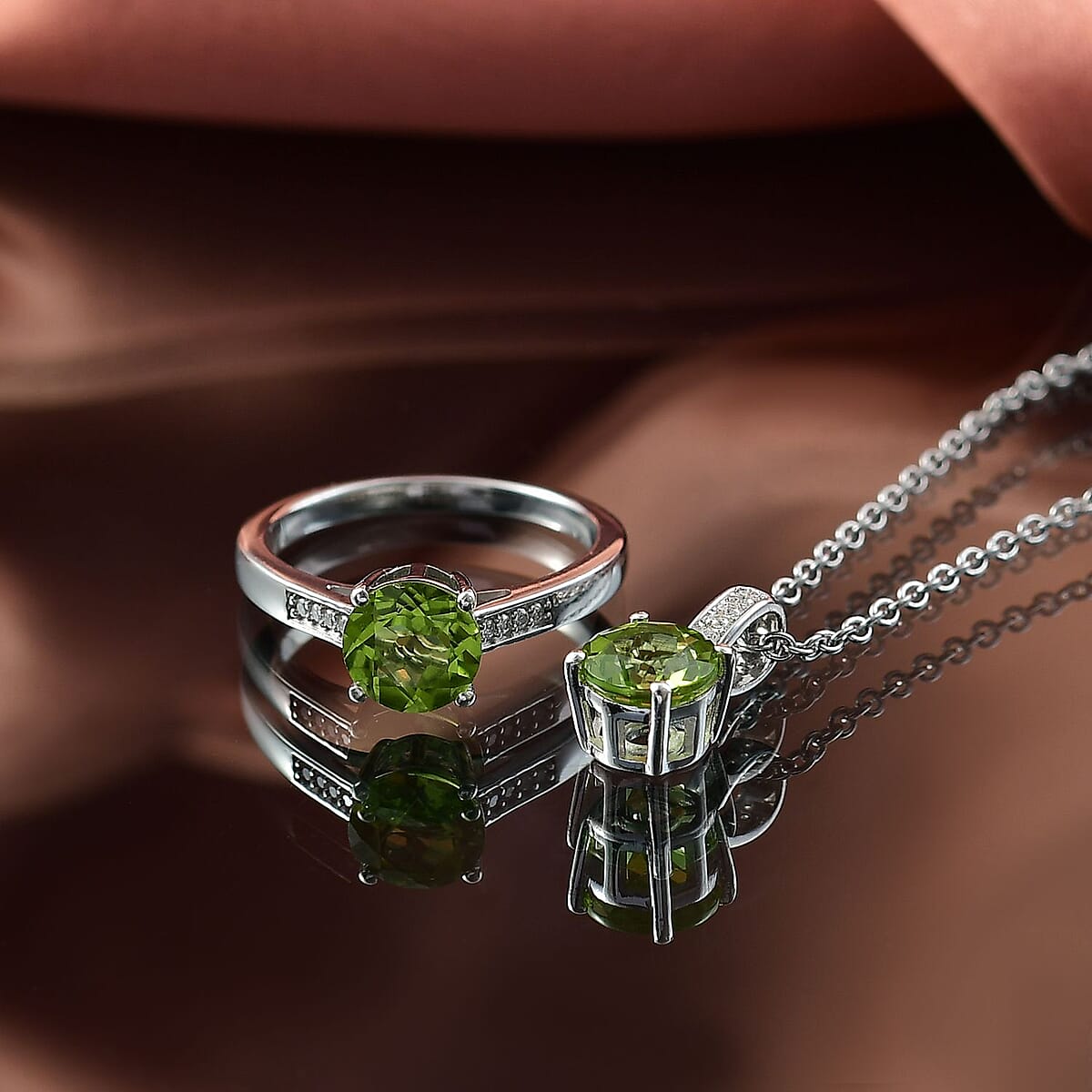 D'Joy Hebei Peridot and Moissanite 3.15 ctw Ring (Size 5.0) and Pendant in Rhodium Over Sterling Silver with Stainless Steel Necklace 20 Inches image number 1