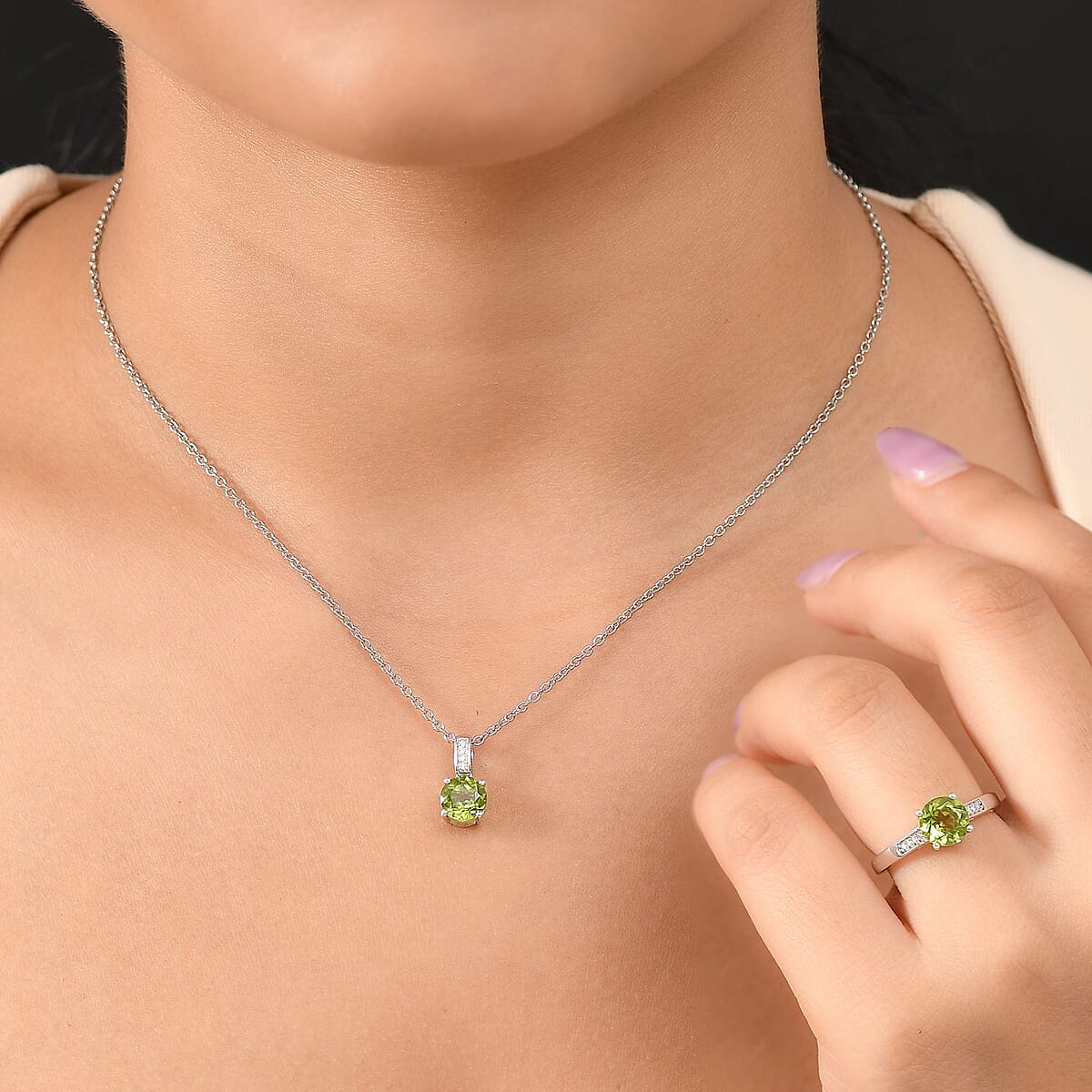 D'Joy Hebei Peridot and Moissanite 3.15 ctw Ring (Size 5.0) and Pendant in Rhodium Over Sterling Silver with Stainless Steel Necklace 20 Inches image number 2