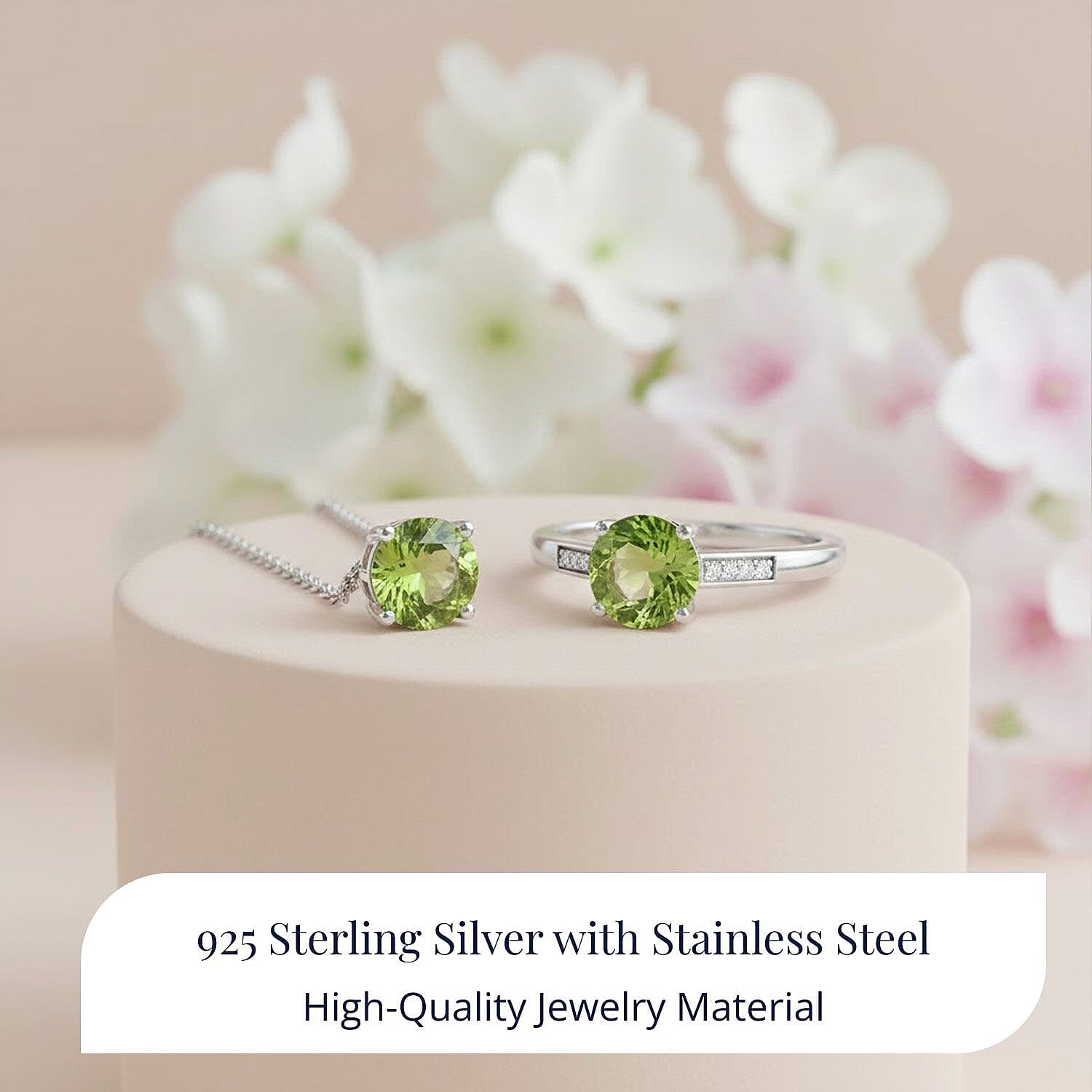 D'Joy Hebei Peridot and Moissanite 3.15 ctw Ring (Size 5.0) and Pendant in Rhodium Over Sterling Silver with Stainless Steel Necklace 20 Inches