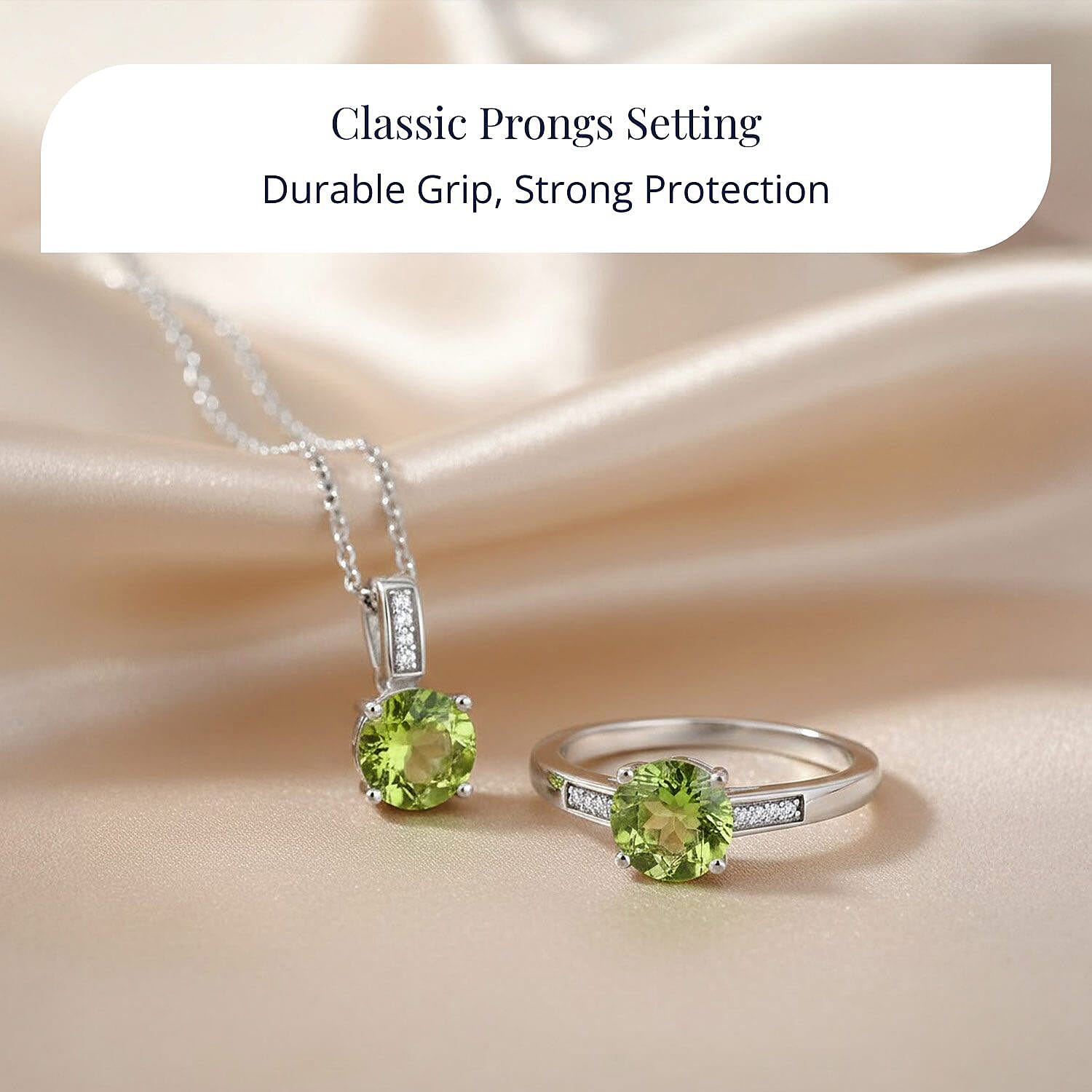 D'Joy Hebei Peridot and Moissanite 3.15 ctw Ring (Size 5.0) and Pendant in Rhodium Over Sterling Silver with Stainless Steel Necklace 20 Inches